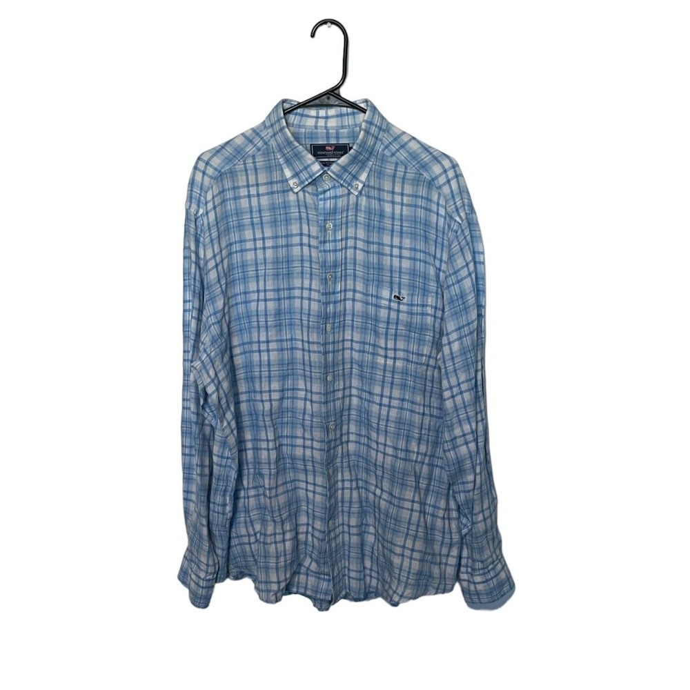 Vineyard Vines Tucker Shirt Mens XL Blue Plaid Linen Classic Fit Button Down